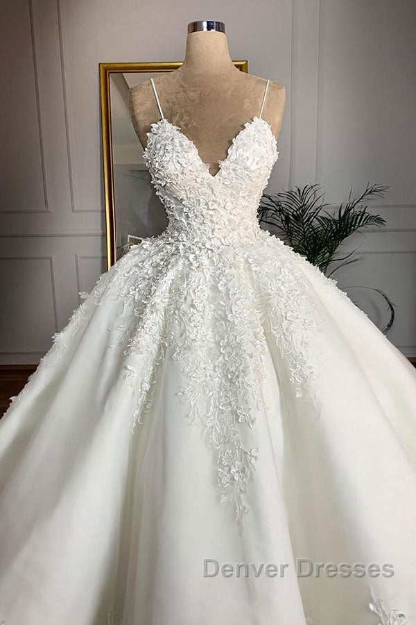 Long Ball Gown Spaghetti Strap Appliques Lace Satin Wedding Dress Secondary image