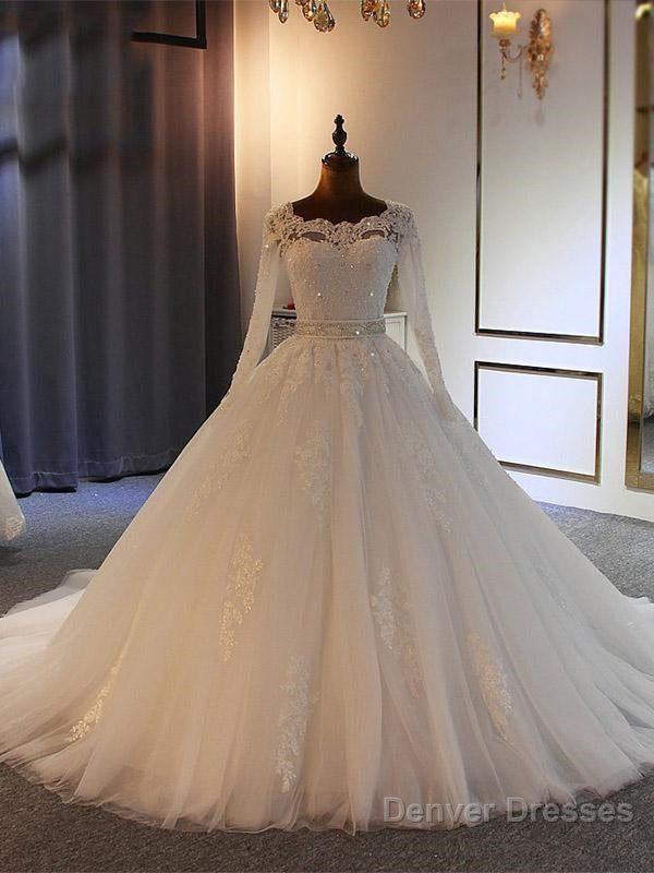 Long Ball Gown Sweetheart Tulle Lace Wedding Dresses with Sleeves Main image