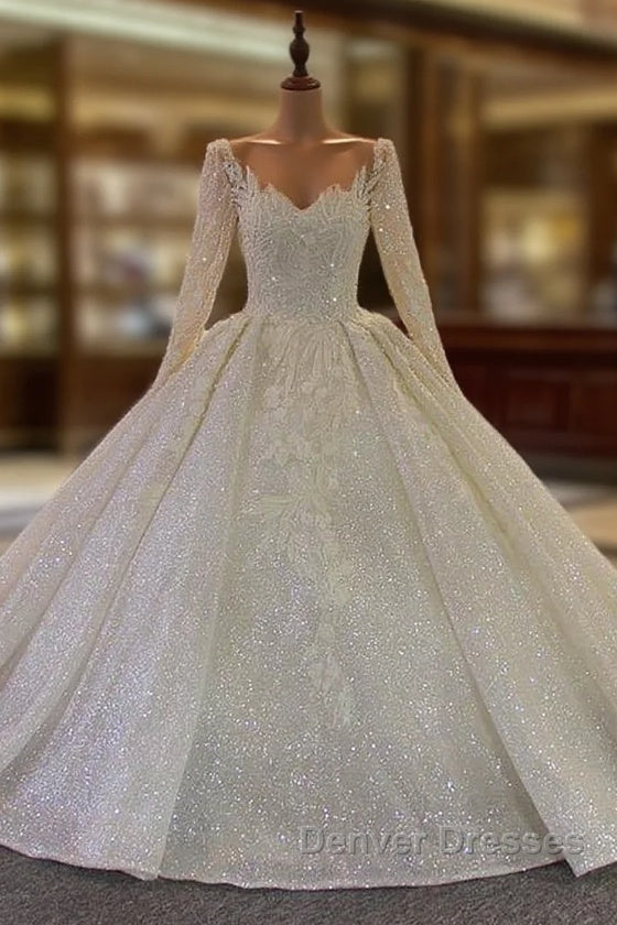 Long Ball Gown V Neck Sequins Wedding Dress with Sleeves Main image