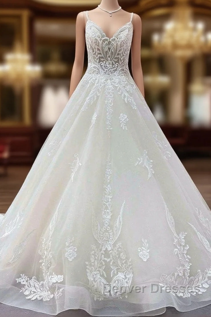 Long Ball Gown V-neck Spaghetti Straps Tulle Lace Wedding Dress Main image