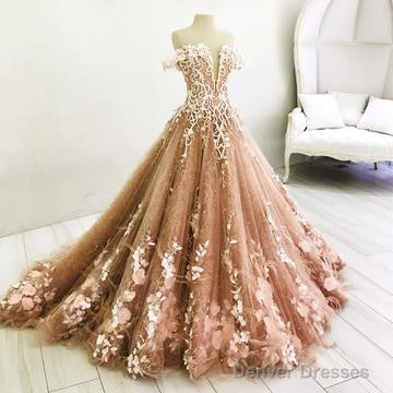 Long Champagne Prom Dress Lace Embroidery Off Shoulder Tulle Ball Gown Wedding Dresses Main image