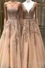 Long Champagne Prom Dress Sexy V Neck Strapless A Line Appliques Formal Party Dress