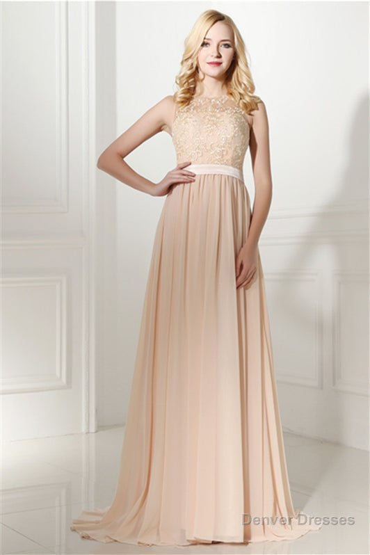 Long Chiffon Champagne Prom Dresses With Lace Bodice Main image