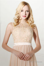 Long Chiffon Champagne Prom Dresses With Lace Bodice