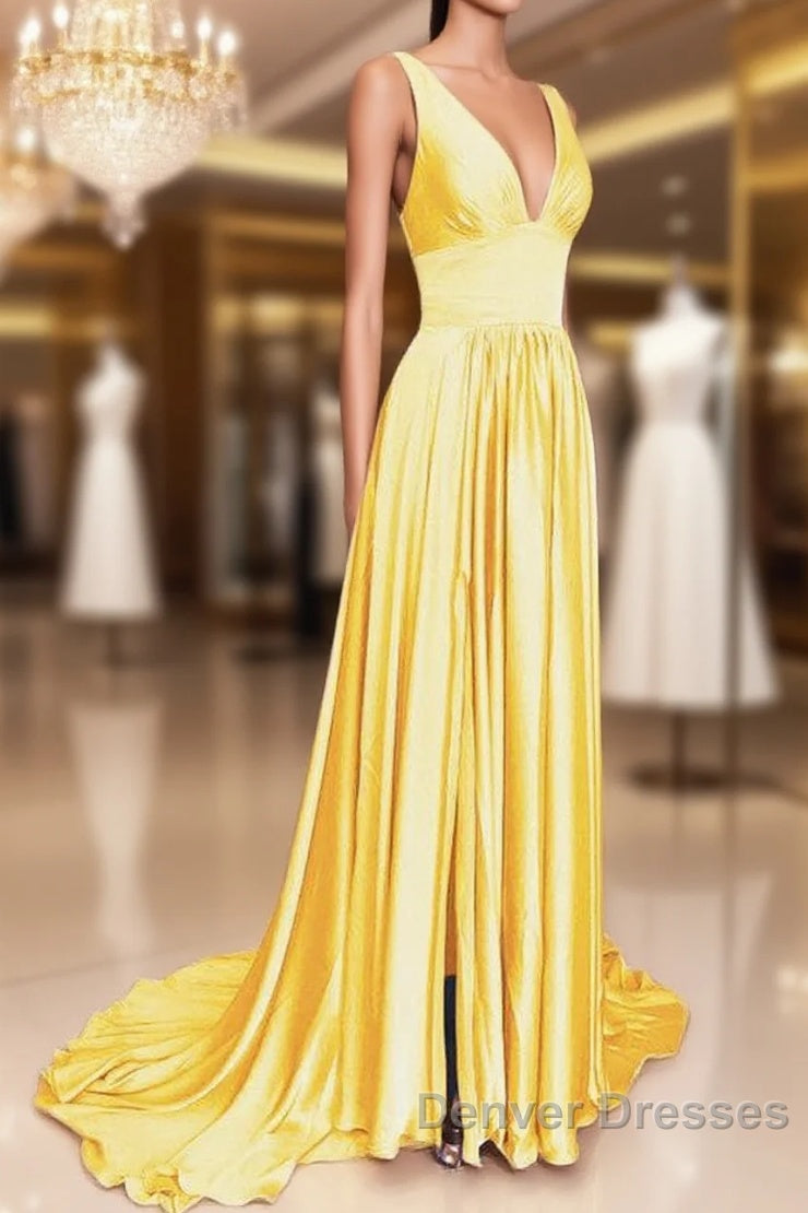 Long Chiffon V-Neck Empire Waistline Leg Slit Bridesmaid Dress