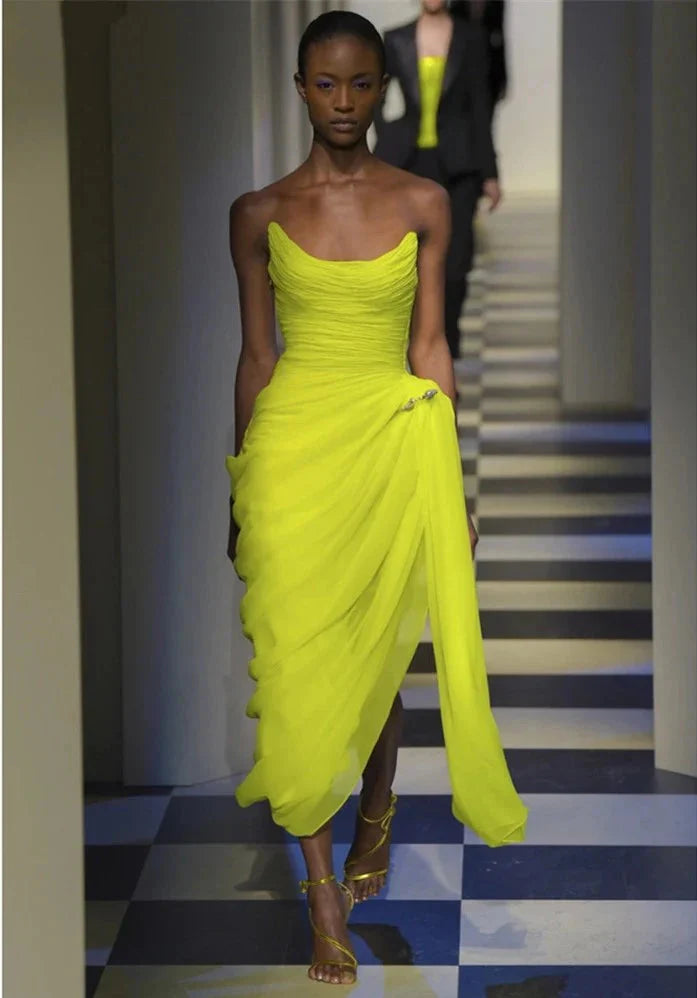 Long Chiffon Yellow Prom Dress With Irregular Skirt