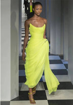 Long Chiffon Yellow Prom Dress With Irregular Skirt