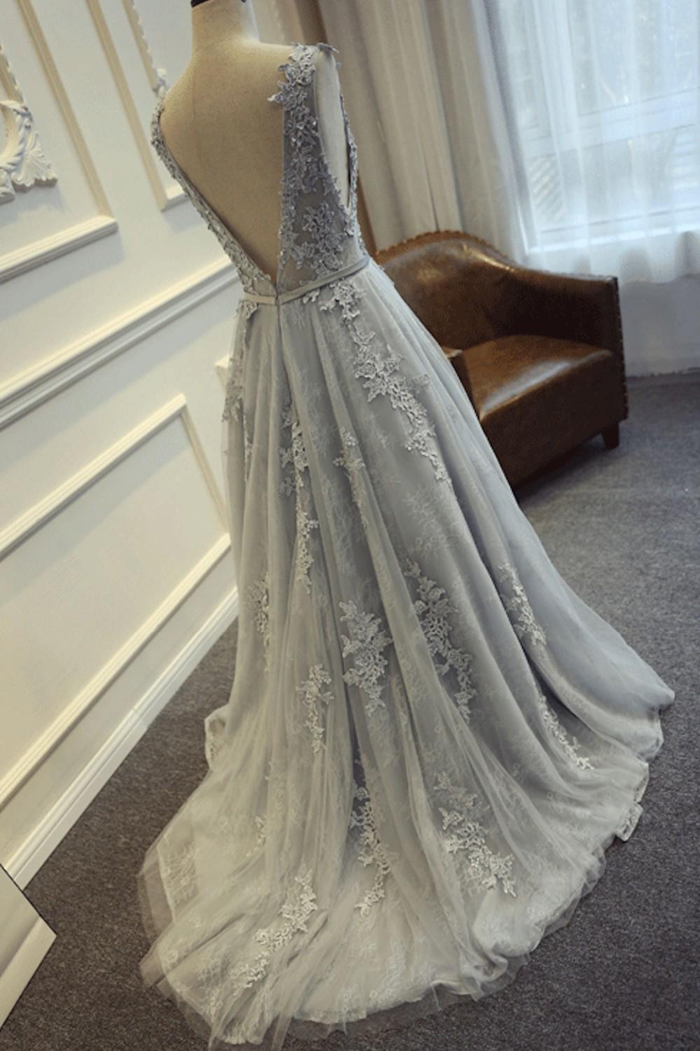 Long Custom Gray V-Back Scoop Tulle With Lace Appliques Party Prom Dresses