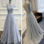 Long Custom Gray V-Back Scoop Tulle With Lace Appliques Party Prom Dresses