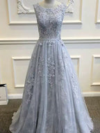 Long Custom Gray V-Back Scoop Tulle With Lace Appliques Party Prom Dresses