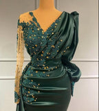 Long Dark Green Elegant Mermaid Prom Dress With Sleeves