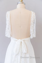 Long Empire A-line V-neck Lace Chiffon Open Back Wedding Dress