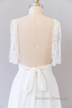 Long Empire A-line V-neck Lace Chiffon Open Back Wedding Dress