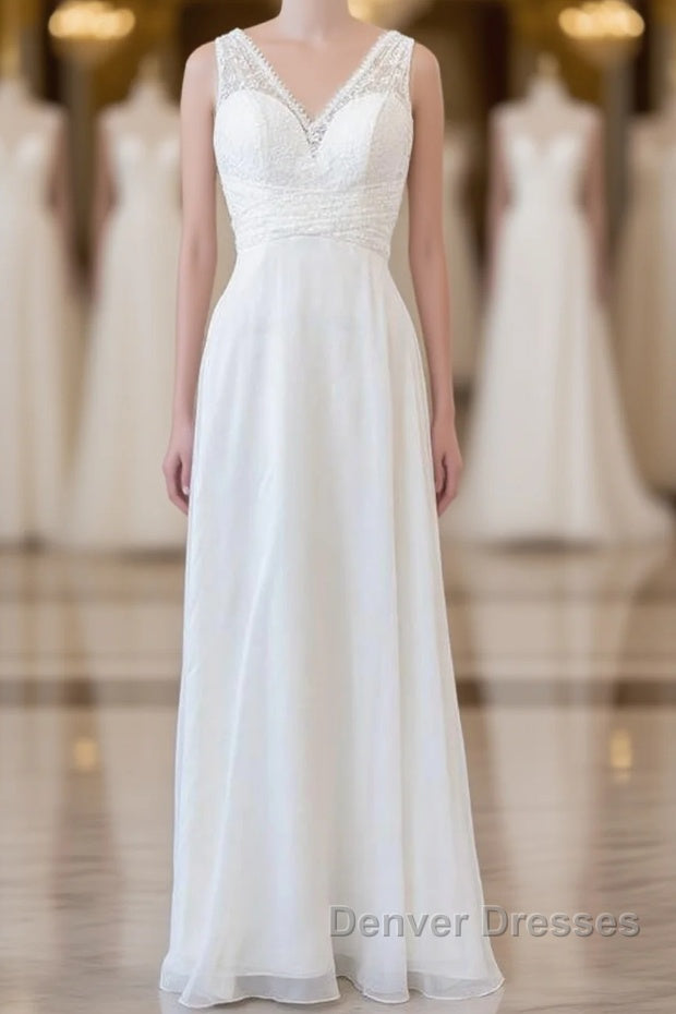 Long Empire A-line V-neck Lace Chiffon Open Back Wedding Dress Main image