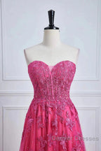Long Fuchsia Prom Dress Strapless A-Line Floral Formal Wear Slit