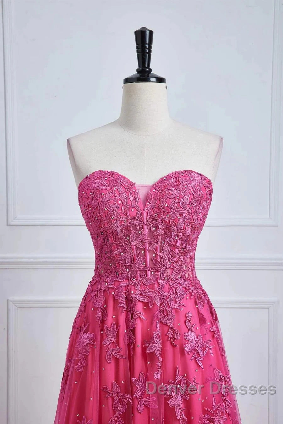 Long Fuchsia Prom Dress Strapless A-Line Floral Formal Wear Slit Secondary image