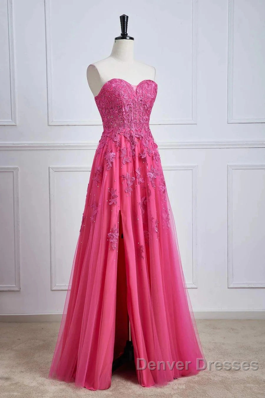 Long Fuchsia Prom Dress Strapless A-Line Floral Formal Wear Slit
