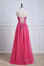 Long Fuchsia Prom Dress Strapless A-Line Floral Formal Wear Slit