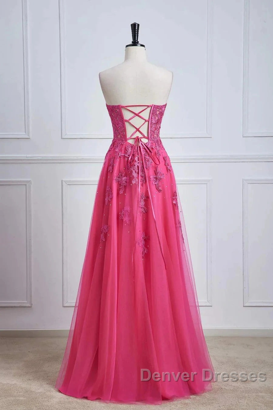 Long Fuchsia Prom Dress Strapless A-Line Floral Formal Wear Slit