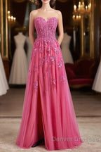 Long Fuchsia Prom Dress Strapless A-Line Floral Formal Wear Slit