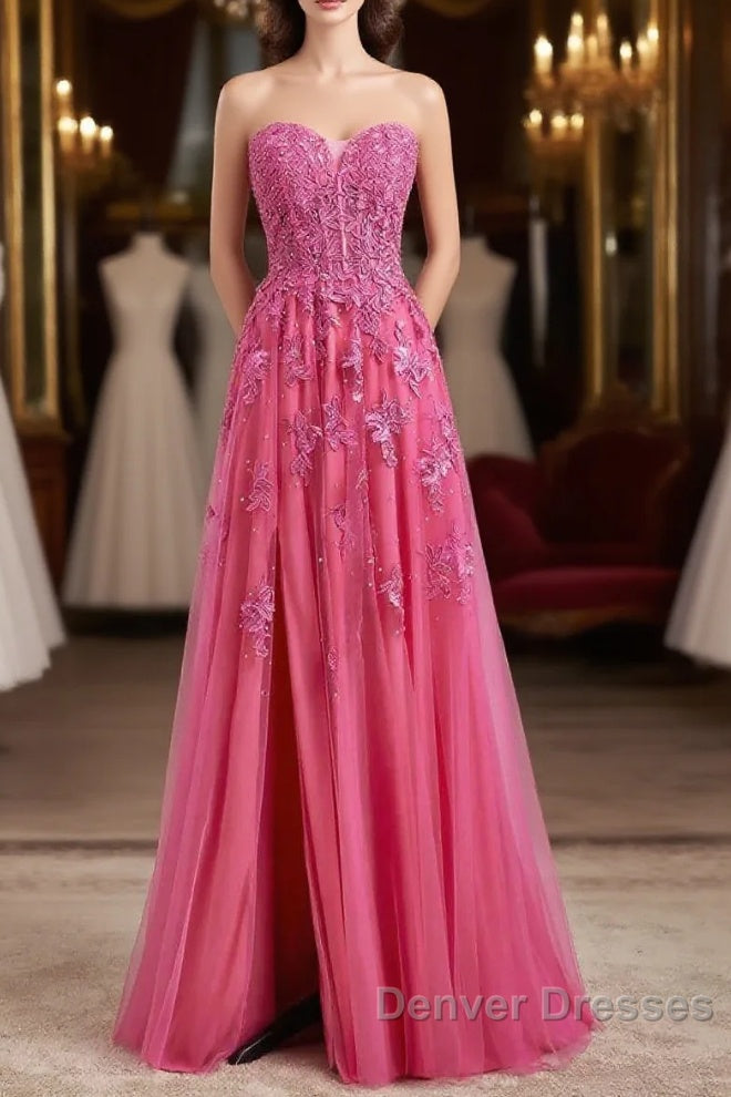 Long Fuchsia Prom Dress Strapless A-Line Floral Formal Wear Slit