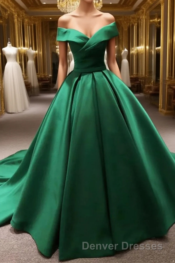 Long Green Satin V-neck Ball Gowns Prom Dress Off The Shoulder
