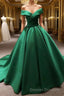 Long Green Satin V-neck Ball Gowns Prom Dress Off The Shoulder