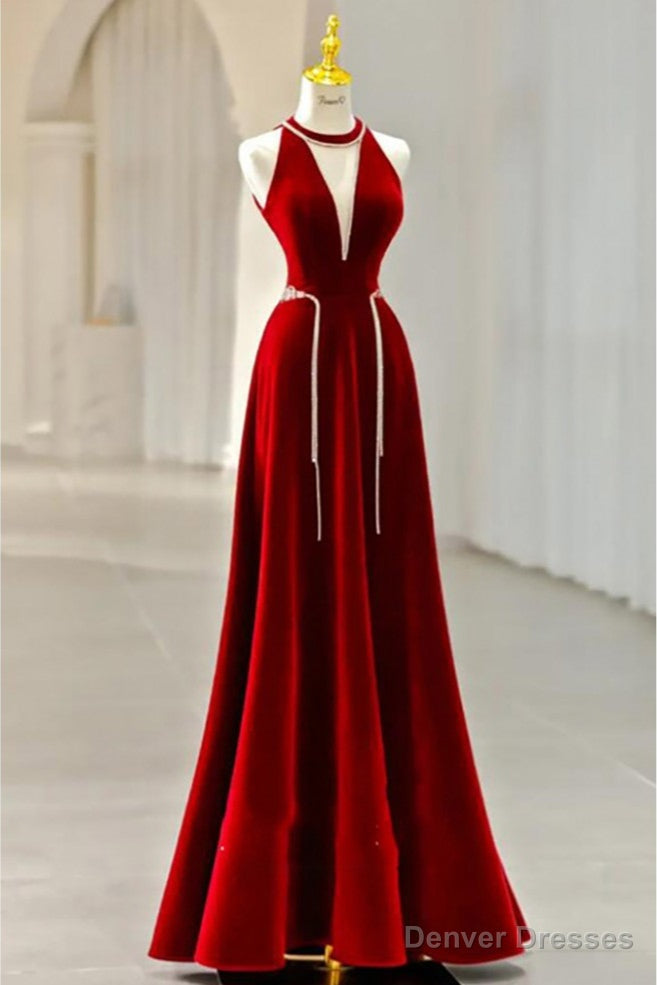 Long Halter V Neck Velvet Burgundy Evening Dress with Beading Main image