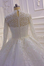 Long High neck Appliques Lace Ball Gown Wedding Dress with Sleeves