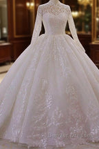 Long High neck Appliques Lace Ball Gown Wedding Dress with Sleeves