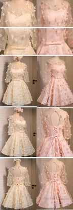Long Illusion Sleeve  Clairvoyant Outfit Lace Up Back For Teen Organza Full Appliques Homecoming Dress