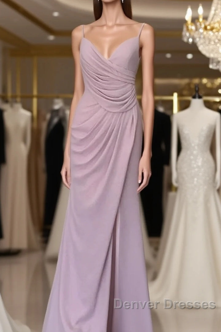 Long Mauve Pleated Chiffon Bridesmaid Dress