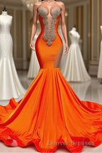 Long Mermaid Deep Sequined V-neck Stretch Satin Backless Prom Dress with Appliques