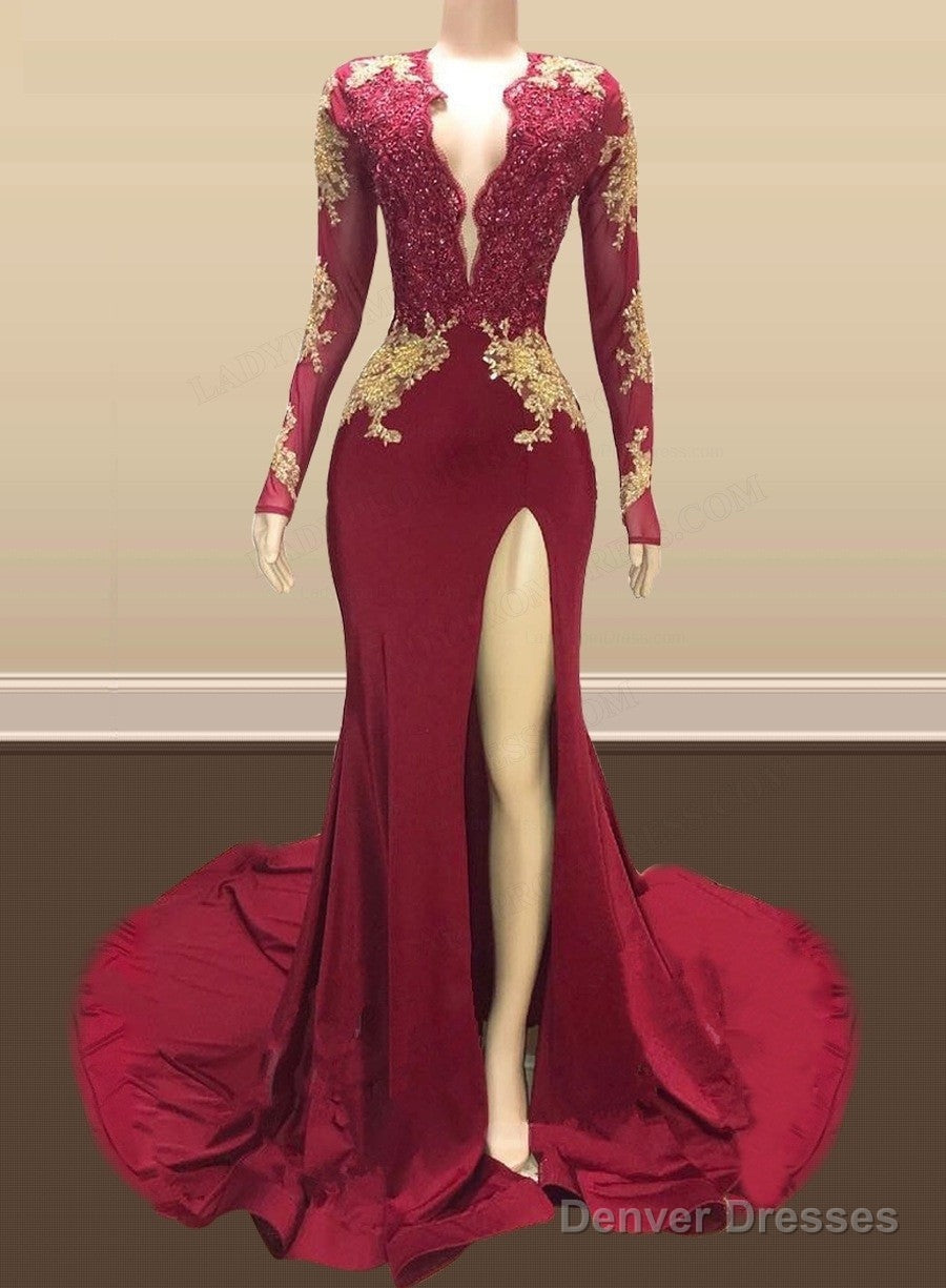 Long Mermaid Gold Red Lace Prom Dresses Mermaid Formal Gowns Secondary image
