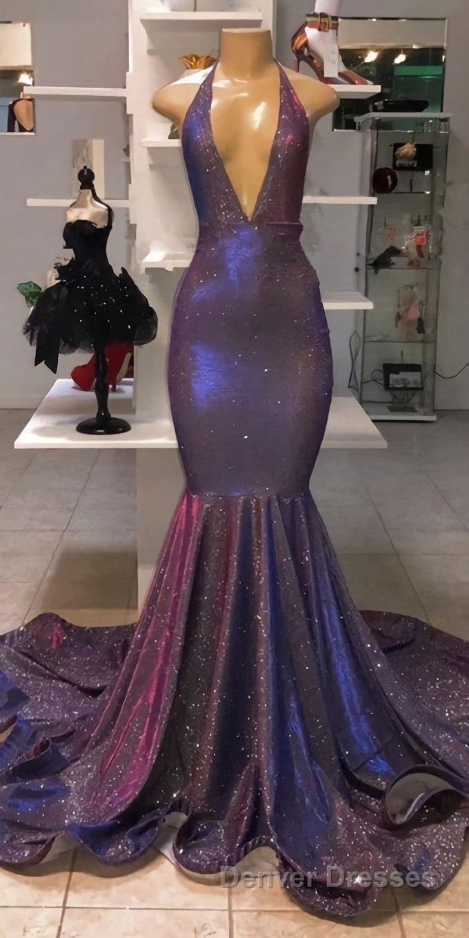 Long Mermaid Halter Sequins Formal Prom Dress