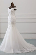 Long Mermaid Off Shoulder Lace-up Applique Lace Wedding Dress