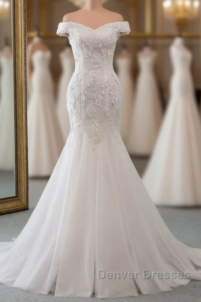 Long Mermaid Off Shoulder Lace-up Applique Lace Wedding Dress Main image