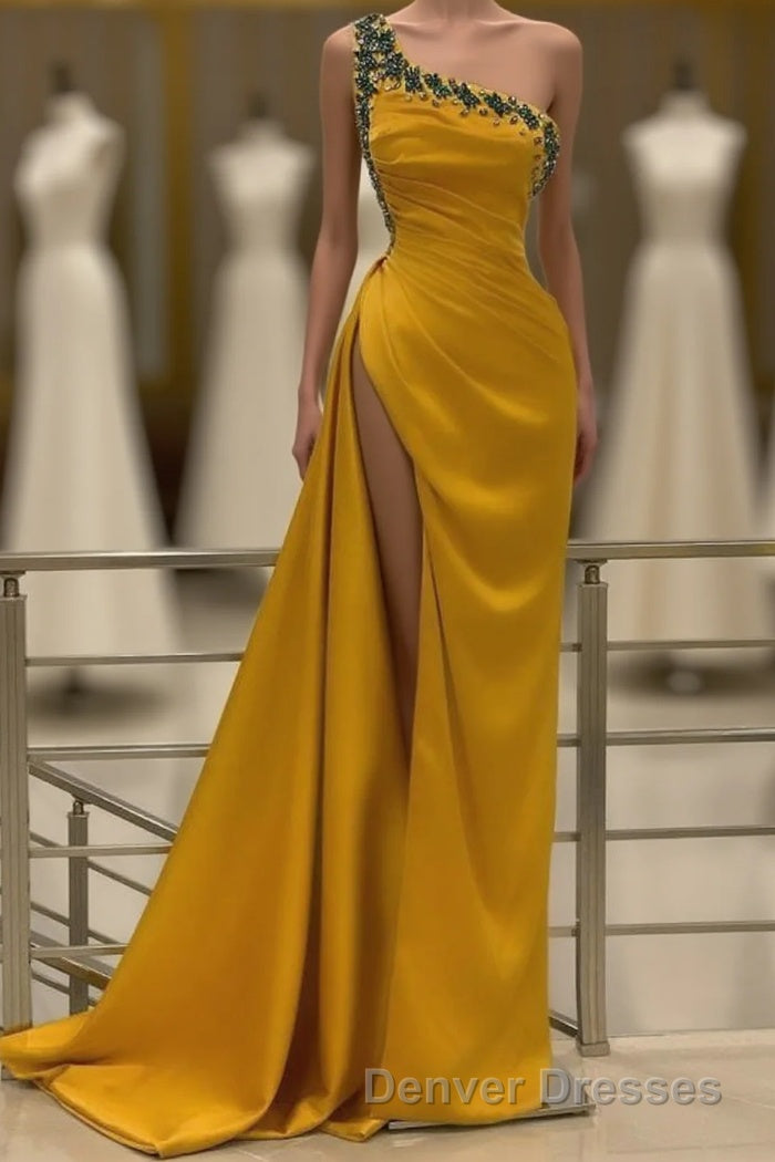Long Mermaid One Shoulder Beading Backless Prom Dress with Slit