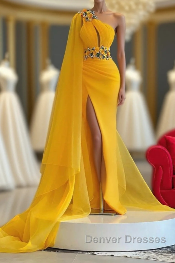 Long Mermaid One Shoulder Beading Tulle Prom Dress with Slit Main image