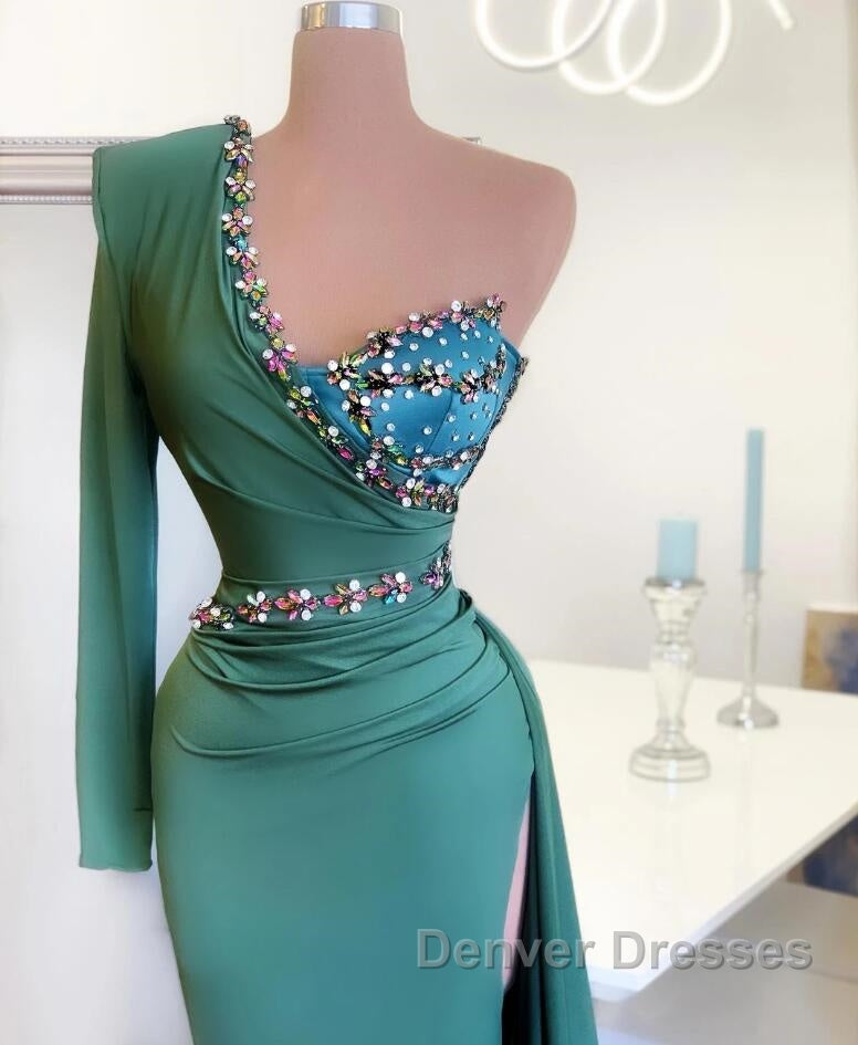 Long Mermaid One Shoulder Front Slit Prom Dress With Sleeves Secondary image