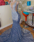 Long Mermaid Prom Dress Sparkly Diamond Sheer Scoop Neckline Silver Sequined Black Girl Prom Formal Gowns