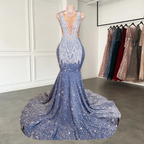 Long Mermaid Prom Dress Sparkly Diamond Sheer Scoop Neckline Silver Sequined Black Girl Prom Formal Gowns