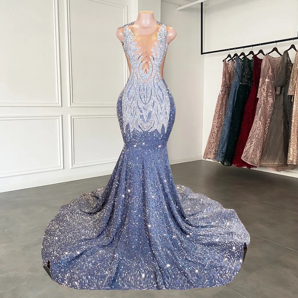 Long Mermaid Prom Dress Sparkly Diamond Sheer Scoop Neckline Silver Sequined Black Girl Prom Formal Gowns