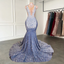 Long Mermaid Prom Dress Sparkly Diamond Sheer Scoop Neckline Silver Sequined Black Girl Prom Formal Gowns