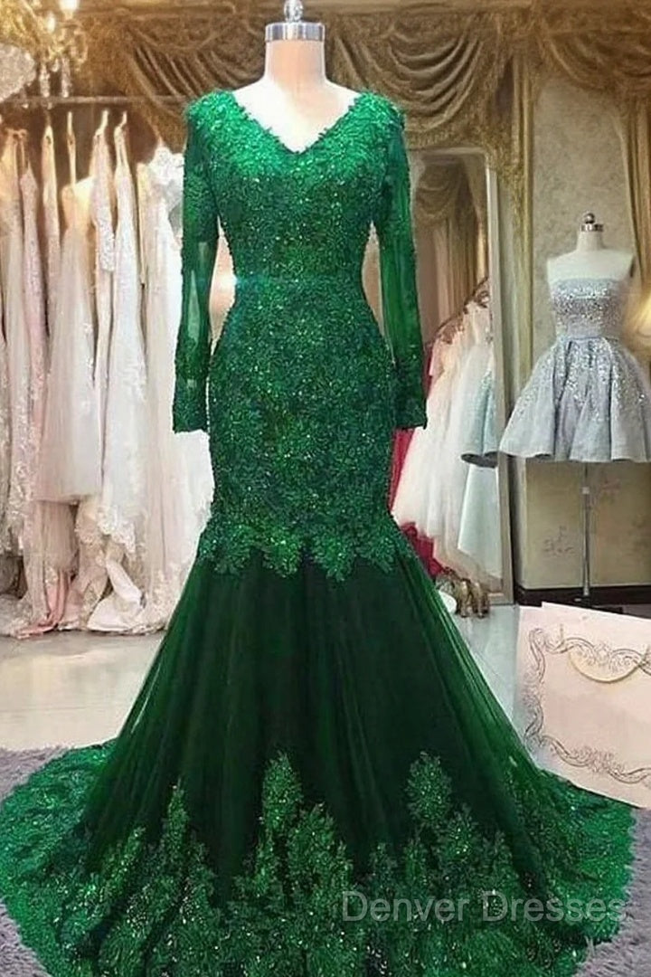 Long Mermaid Sequin Beaded Green Prom Dress With Sleeves Lace Evening Dress Main image