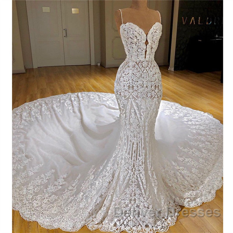 Long Mermaid Spaghetti Straps Appliques Lace Wedding Dress With Cathedral Train Secondary image