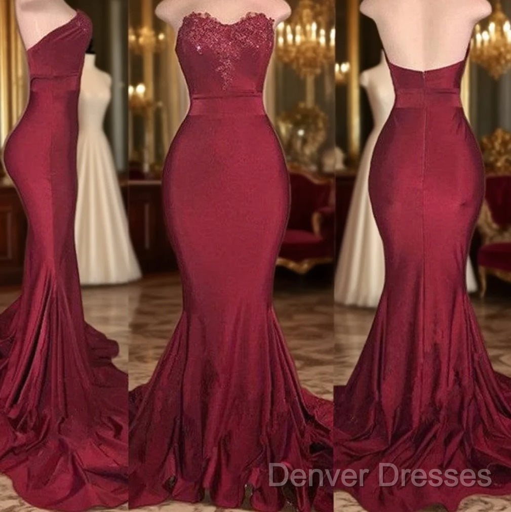Long Mermaid Strapless Burgundy Prom Dress