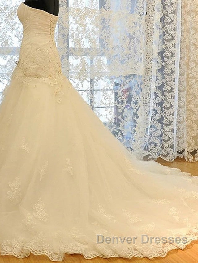 Long Mermaid Strapless Court Train Lace Organza Wedding Dress