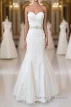 Long Mermaid Strapless Tulle Lace Wedding Dress