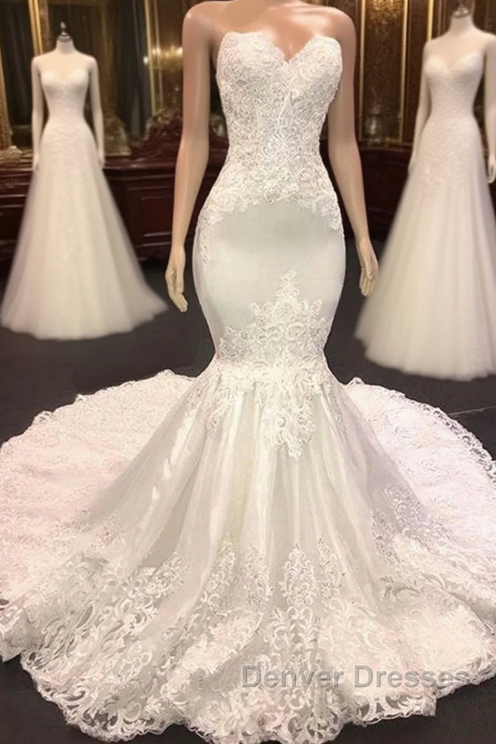 Long Mermaid Sweetheart Appliques Lace Wedding Dress Main image